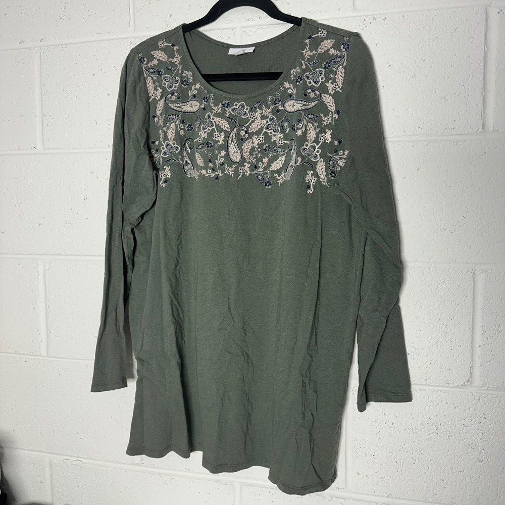 J. Jill Womens Large Tall Sage Green Embroidered Floral Paisley Knit Tunic Top